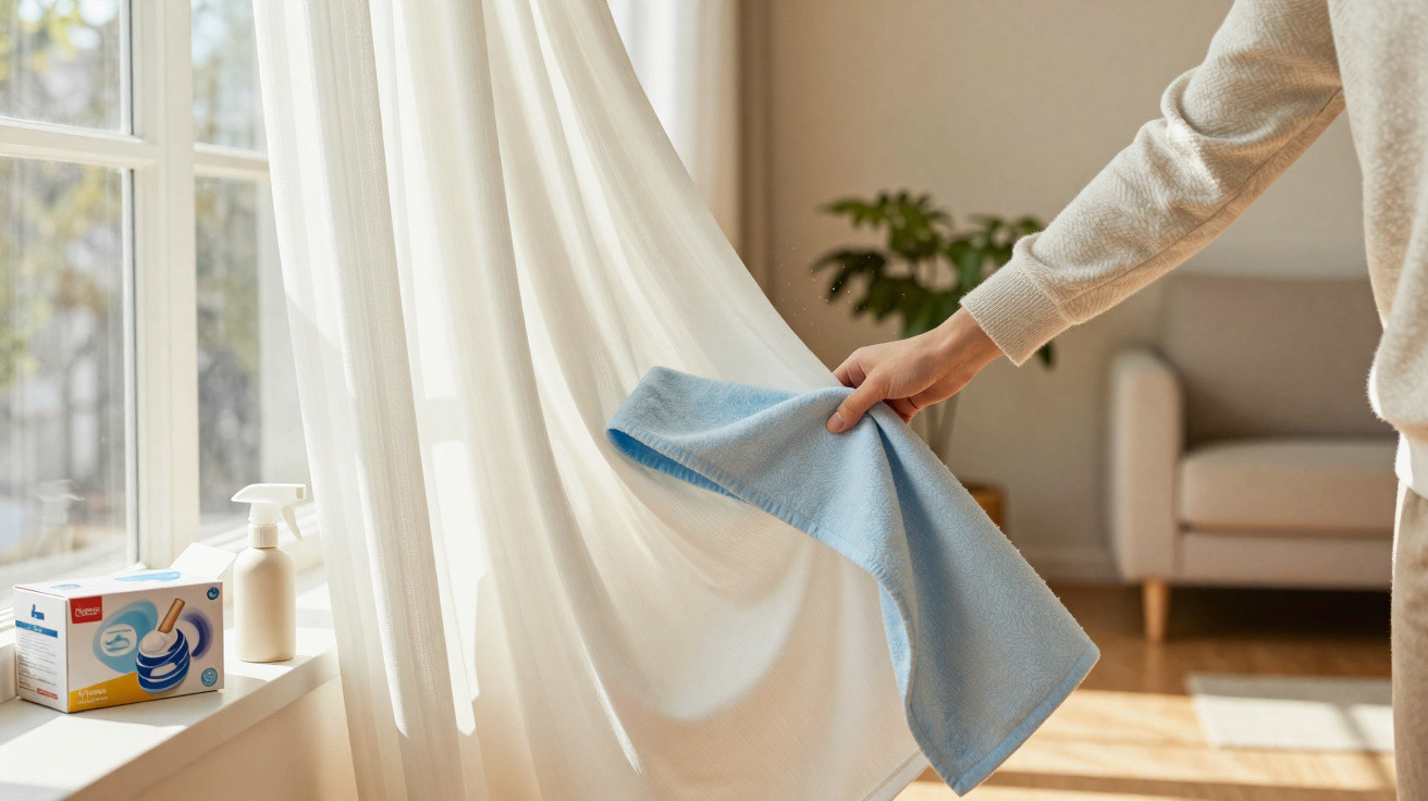 Person cleaning a white curtain near a bright window with a blue cloth and cleaning supplies on the windowsill.