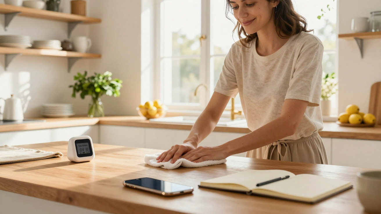 Woman wiping a wooden kitchen countertop with a cloth, next to a phone, notebook, and timer.