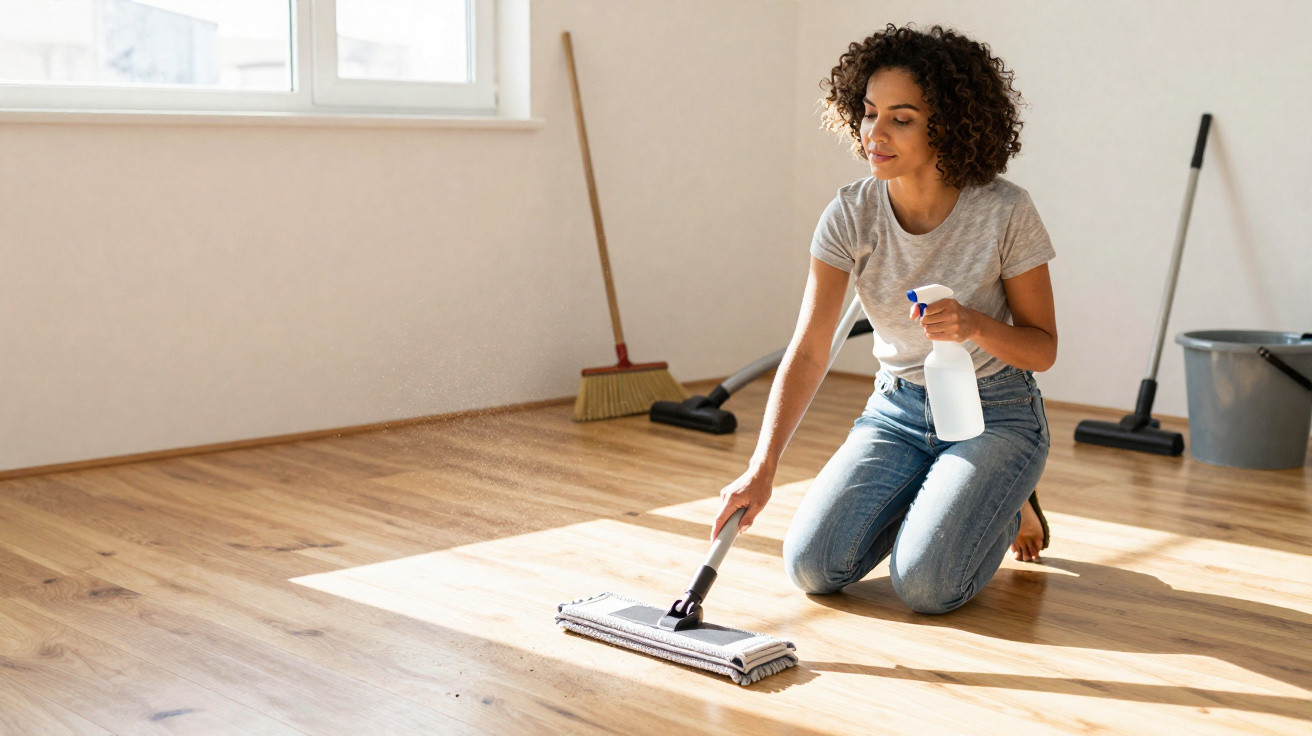 Woman kneeling on wooden floor cleaning with mop and spray bottle in bright empty room