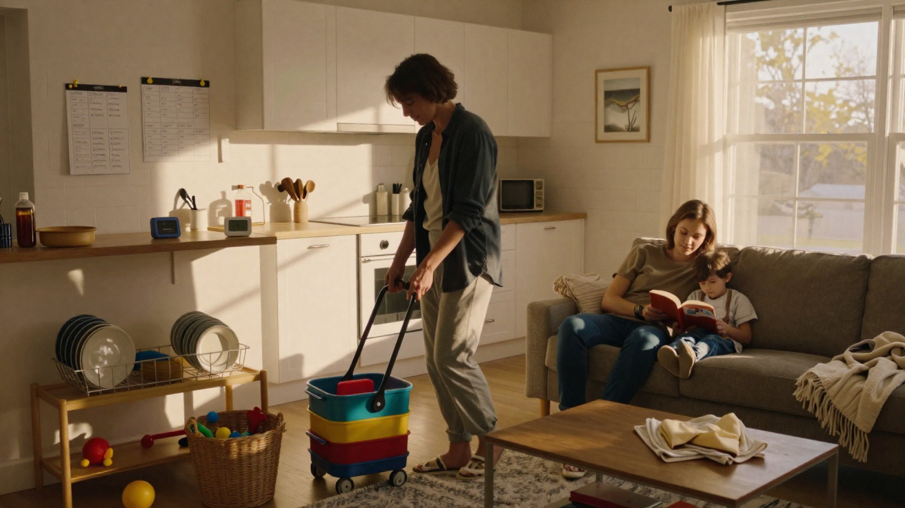 Parent with child reading on sofa while another adult tidies toys in sunlit kitchen living room.