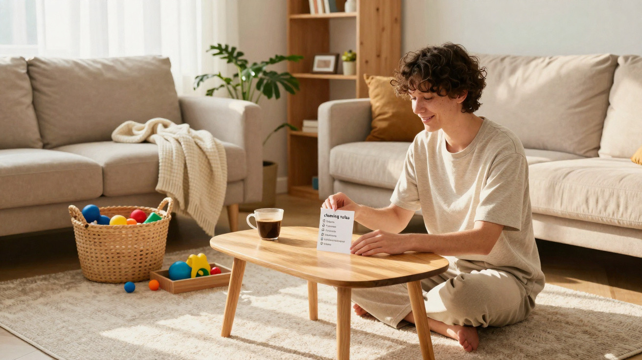Person sitting on the floor by a coffee table reading a cleaning to-do list in a bright living room.