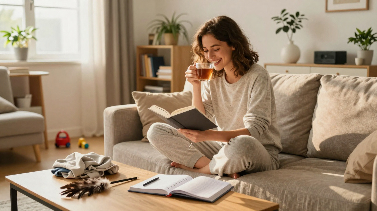 Woman sitting cross-legged on a sofa, reading a book and drinking tea in a bright, cosy living room.