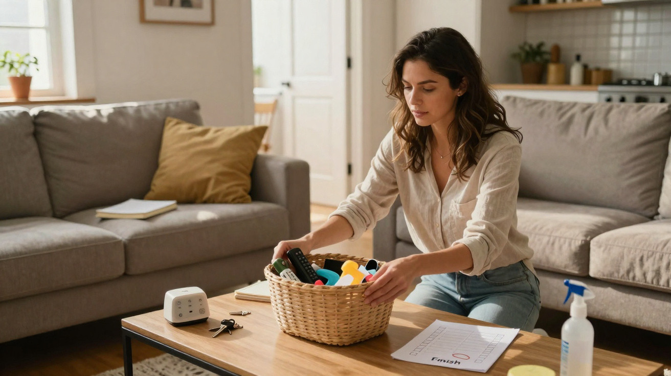 Woman organising items in a wicker basket on a wooden coffee table in a cosy living room.