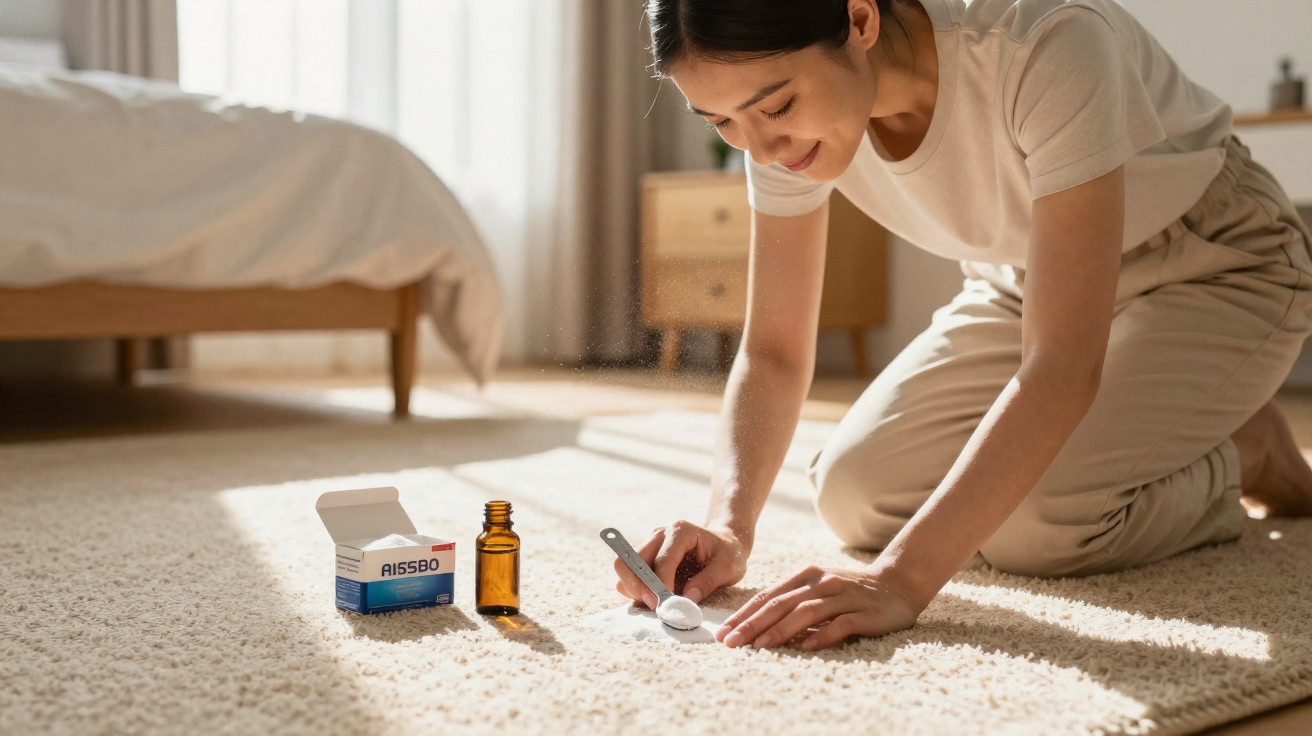 Woman kneeling on carpet measuring powder with a spoon near a small bottle and open box in sunlit room