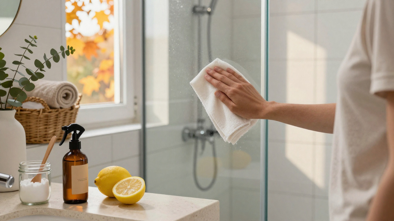 Person cleaning a glass shower door with a white cloth in a bathroom with lemons and cleaning supplies nearby.