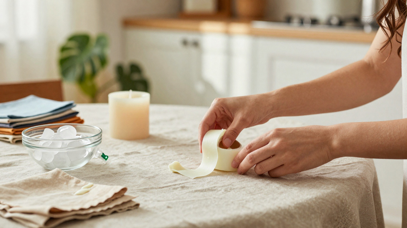 Hands pulling a strip of white tape on a beige tablecloth with a candle and bowl of ice in the background.