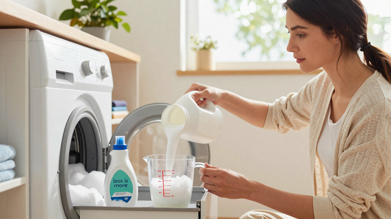 Woman pouring liquid detergent into a measuring jug beside a front-loading washing machine in a bright laundry room.