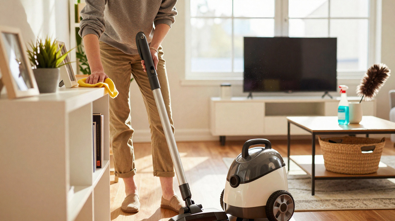 Person vacuuming a wooden floor and dusting a white shelf in a bright living room.