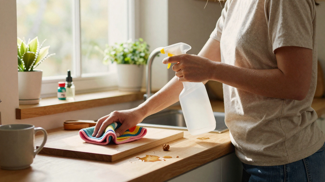 Person cleaning wooden kitchen counter with spray bottle and cloth near window with plants and coffee mug.