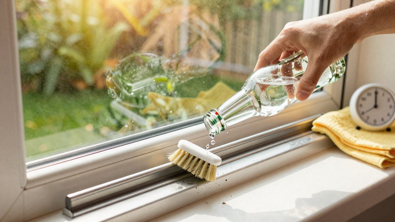 Hand pouring liquid from a glass bottle onto a cleaning brush on a window sill with a clock and cloth nearby.
