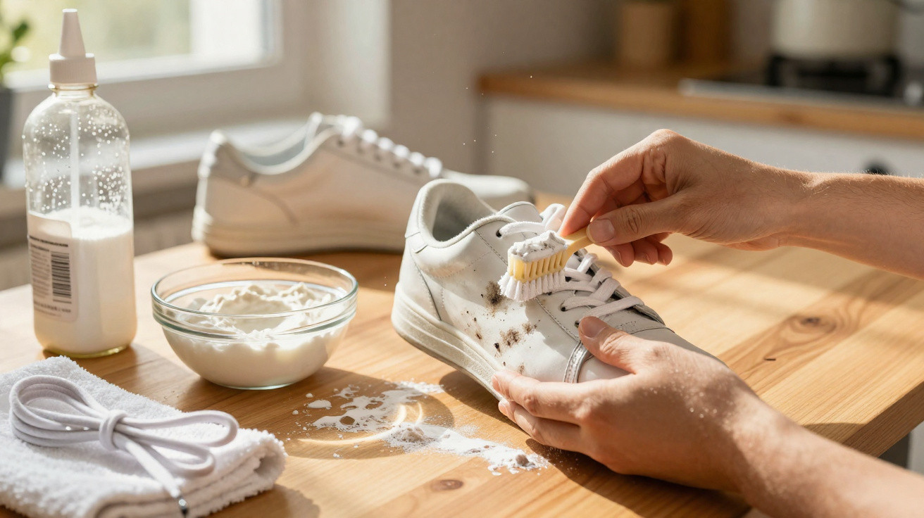 Person cleaning white sneakers with a brush and cleaning powder on a wooden table by a window.