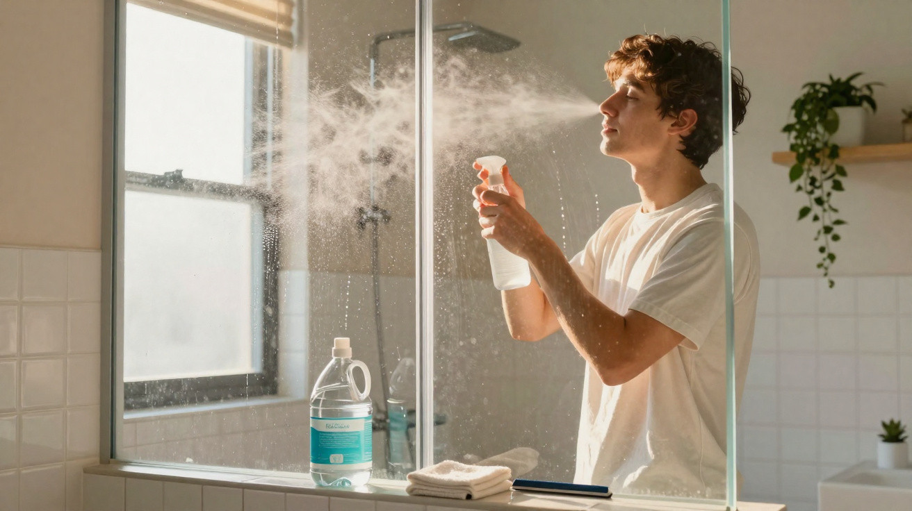 Young man cleaning a glass shower door with spray bottle in a bright bathroom.