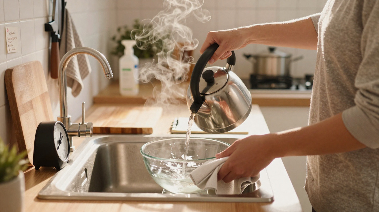 Person pouring steaming hot water from kettle into glass bowl in kitchen sink.