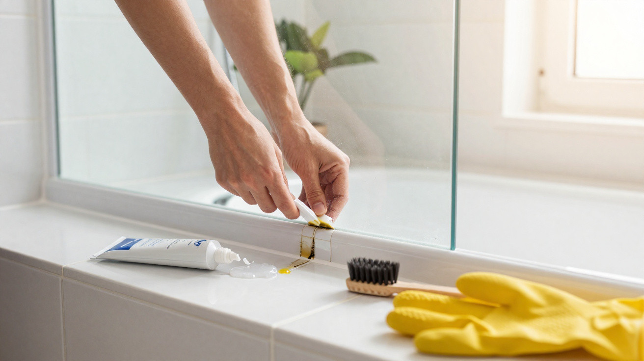 Person cleaning black mould off bathroom window frame with cleaning gel, brush, and yellow gloves nearby.