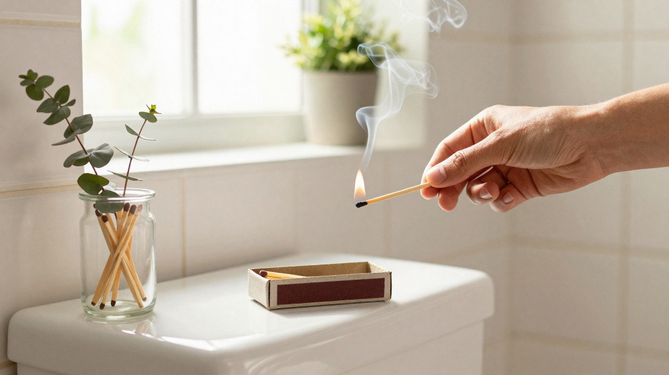 Hand lighting a match above a closed matchbox on a bathroom countertop with a small plant in a glass jar nearby.