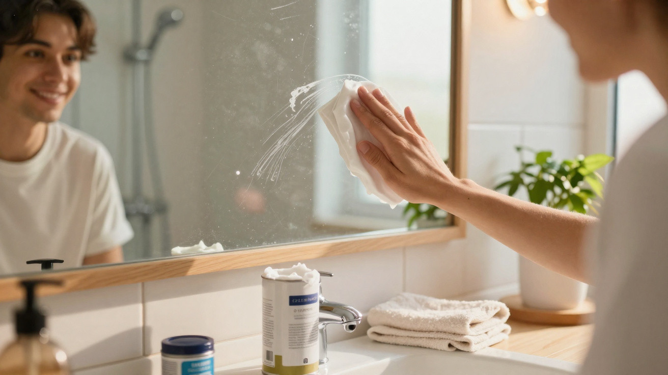 Person cleaning a bathroom mirror with a cloth, reflected smiling in the glass with toiletries on the sink.