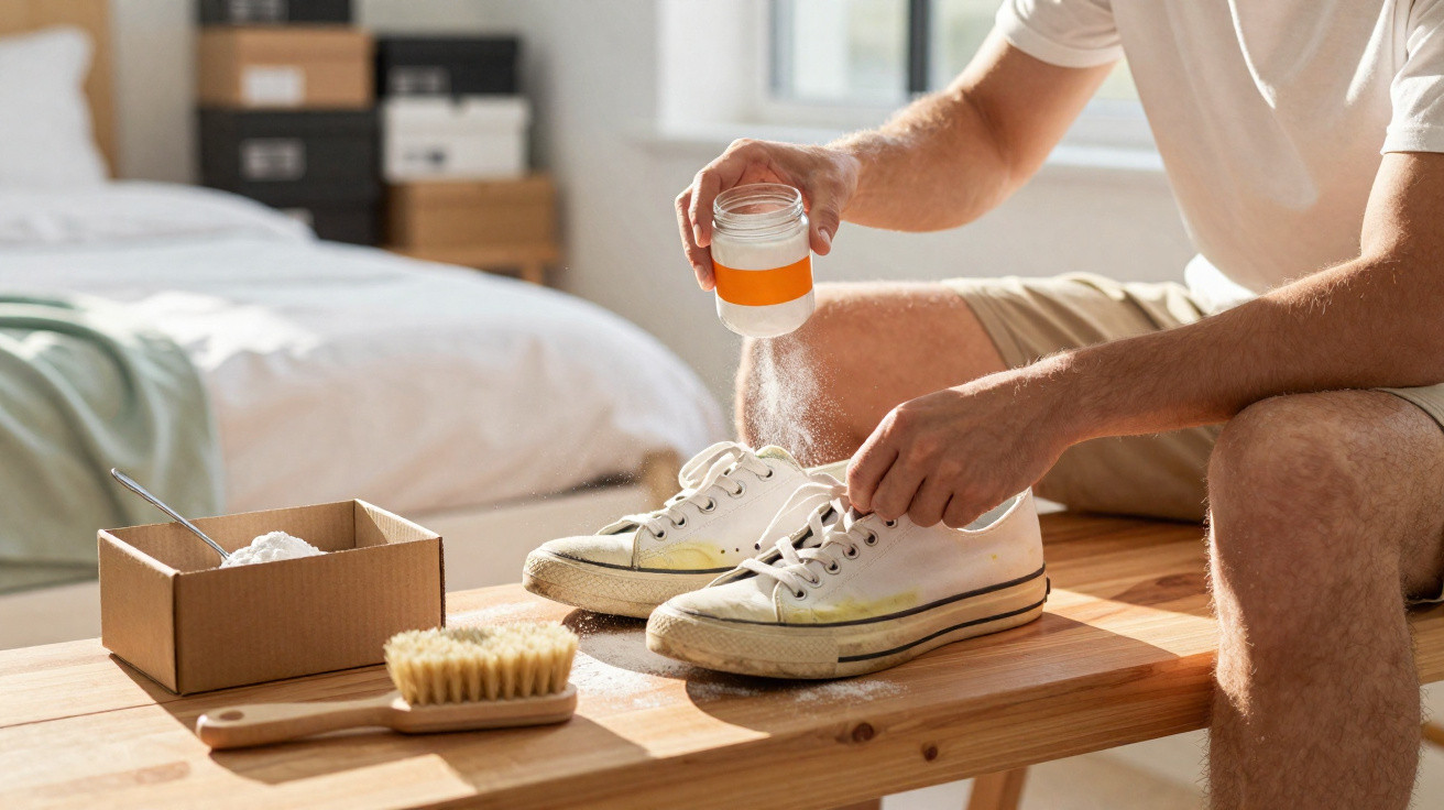 Person cleaning white sneakers with brush and cleaning powder while sitting on wooden bench indoors