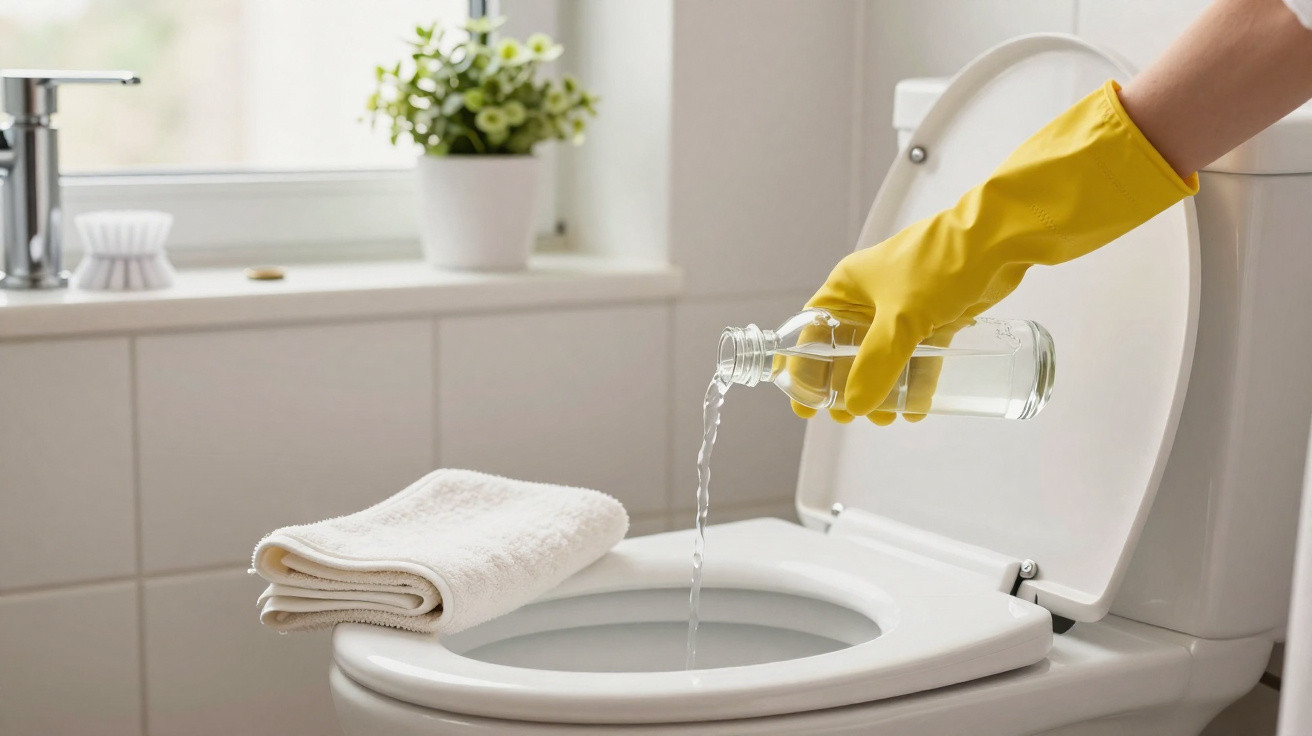 Hand wearing a yellow glove pouring liquid cleaner from a glass bottle into a toilet bowl with lid open.