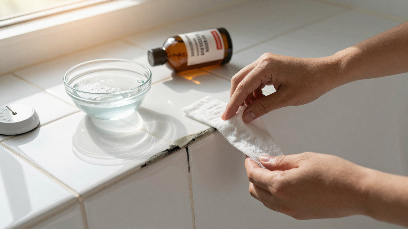 Hands holding a white cloth to clean mould on white tiled bathroom surface with a bowl and bottle nearby.