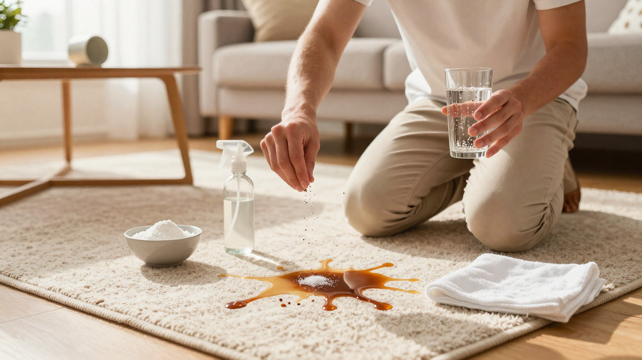 Person sprinkling cleaning powder on a carpet stain with water, spray bottle, and cloth nearby.