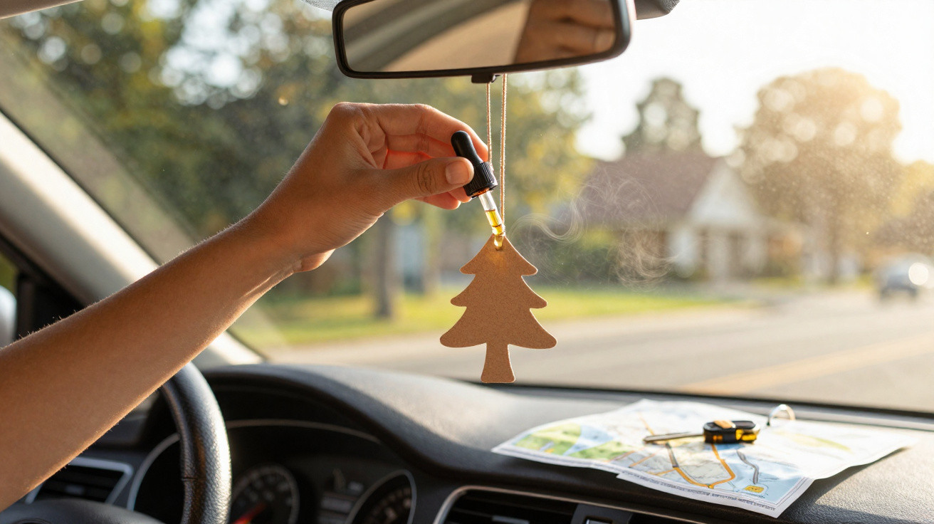 Hand holding a pine tree-shaped car air freshener inside a parked car with a map on the dashboard.