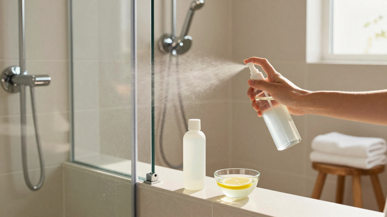 Hand spraying a clear liquid inside a bathroom shower enclosure next to a bottle and a bowl with lemon slices.