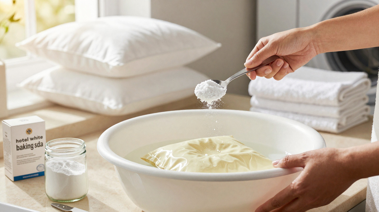 Person adding baking soda from a spoon to a white basin filled with water and a yellow item inside.
