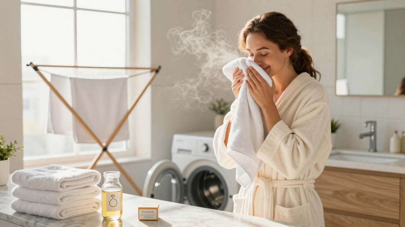 Woman in bathrobe smelling a warm towel in a bright laundry room with a washing machine and drying rack.
