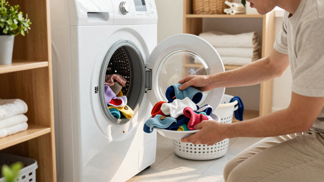 Person loading colourful socks into a front-loading washing machine in a tidy laundry room.