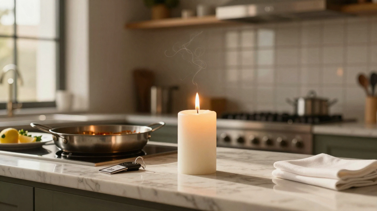 Lit white candle on marble kitchen island with a stainless steel pan and folded white cloth nearby