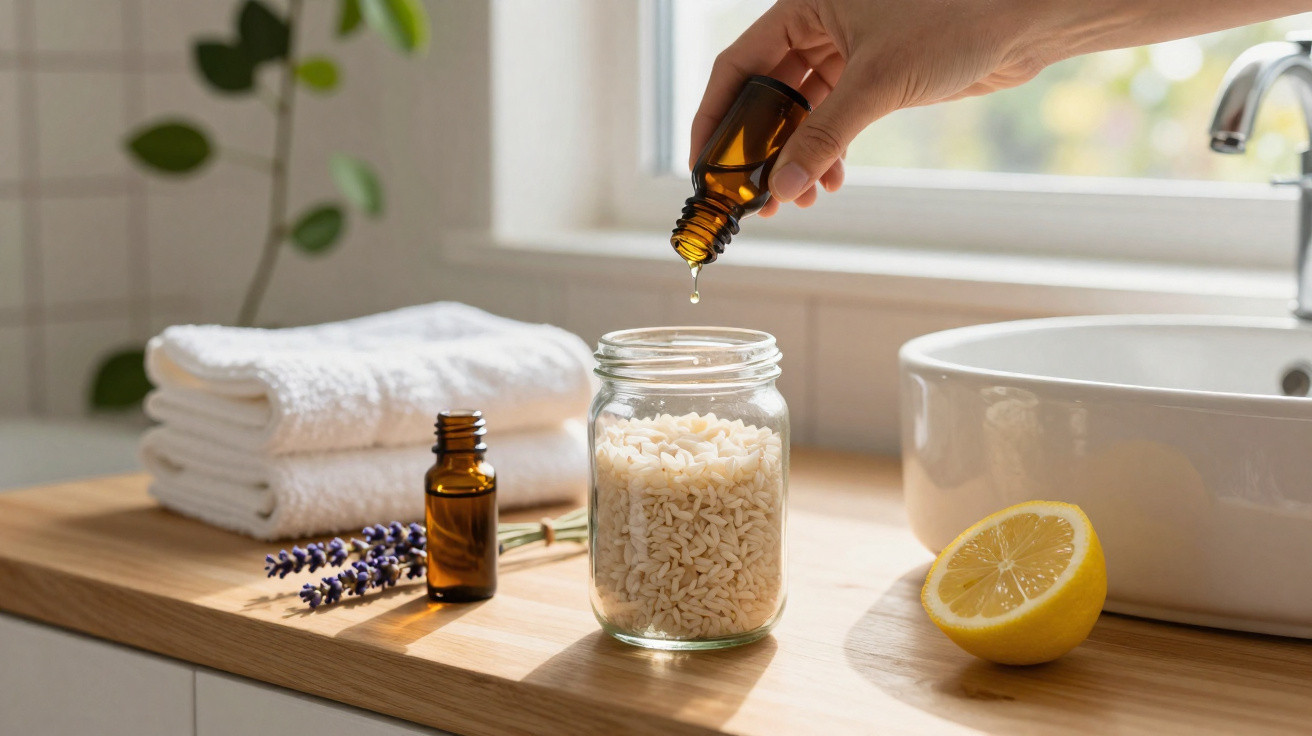 Hand dripping essential oil into a jar of rice on a wooden bathroom counter with towels and lemon.