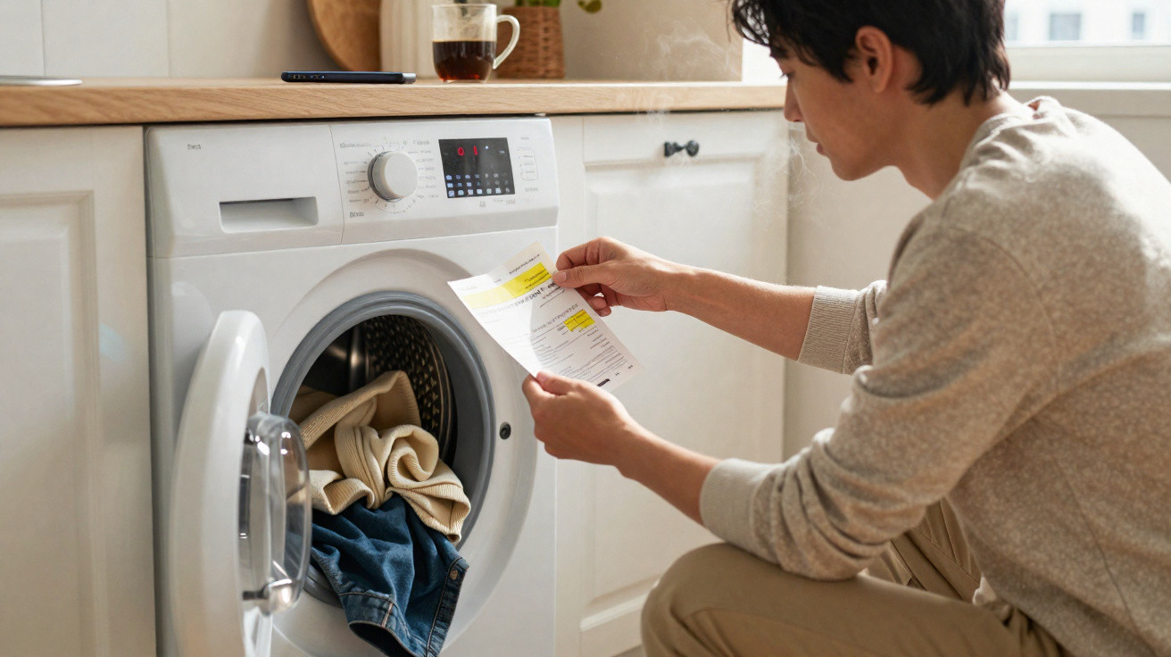 Person checking washing machine instructions while loading clothes in a modern kitchen setting.