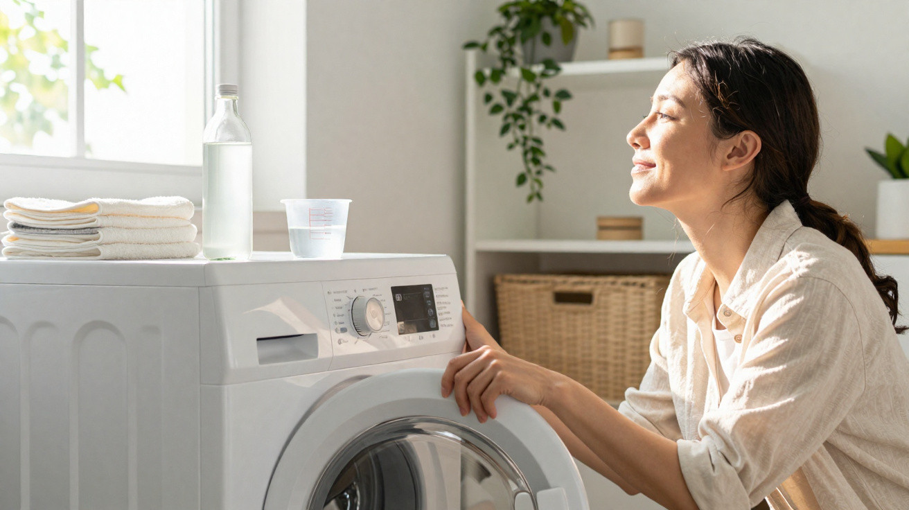 Woman enjoying sunlight while loading washing machine in bright laundry room