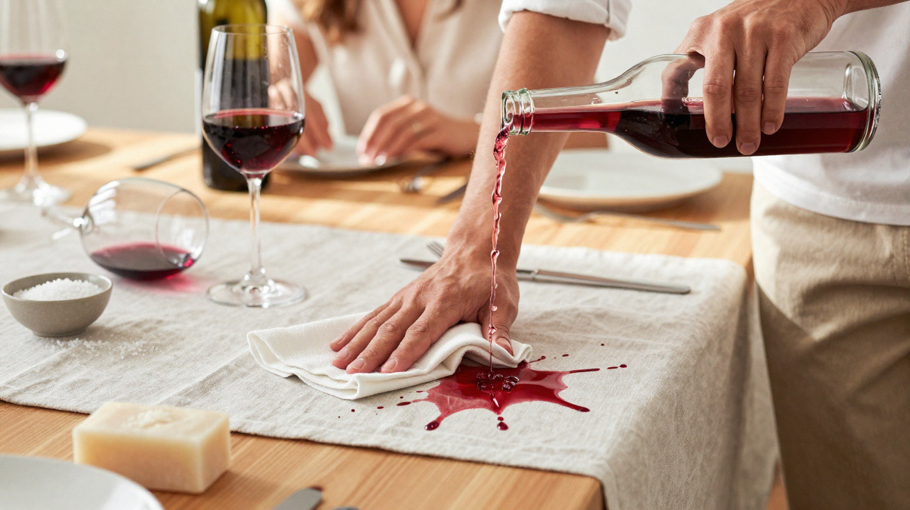 Person pouring red wine onto a beige tablecloth while holding a white cloth to clean a spill on a wooden table.