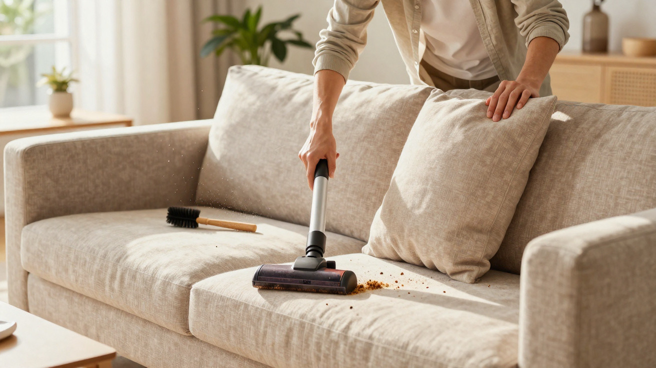 Person vacuuming crumbs from a beige sofa with a handheld vacuum cleaner in a bright living room.