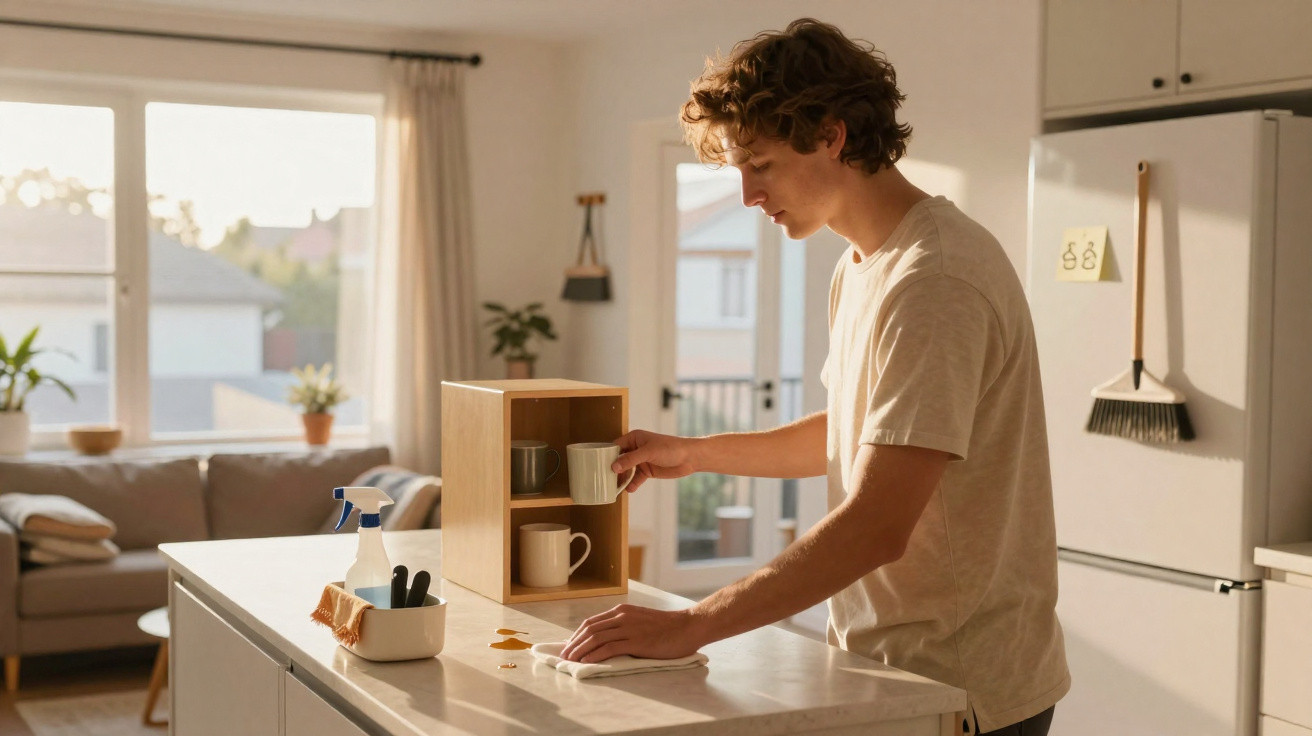 Young man cleaning a kitchen counter and organising mugs in a bright, cosy kitchen during daytime.