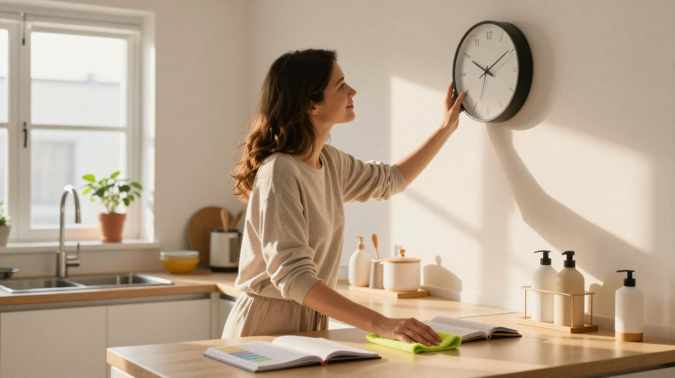 Woman wiping wooden kitchen countertop while adjusting wall clock in bright kitchen with natural light.