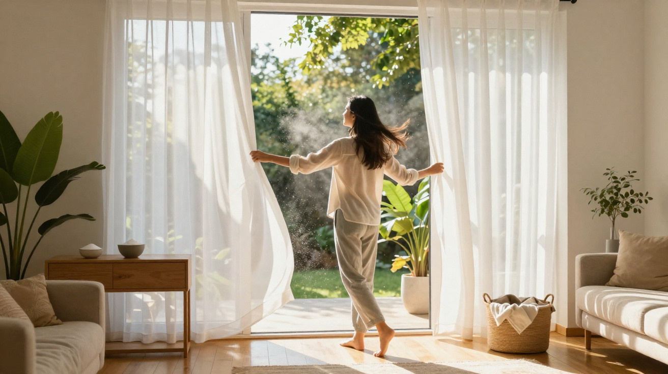 Woman opening sheer curtains to sunny garden in bright, modern living room with plants and cosy seating.