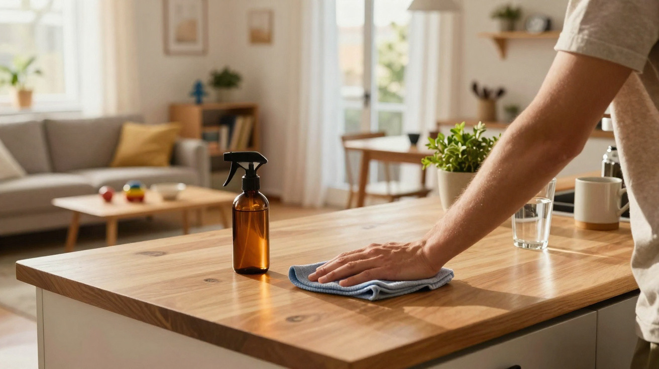 Person cleaning a wooden kitchen countertop with a cloth and spray bottle in a bright, modern living space.