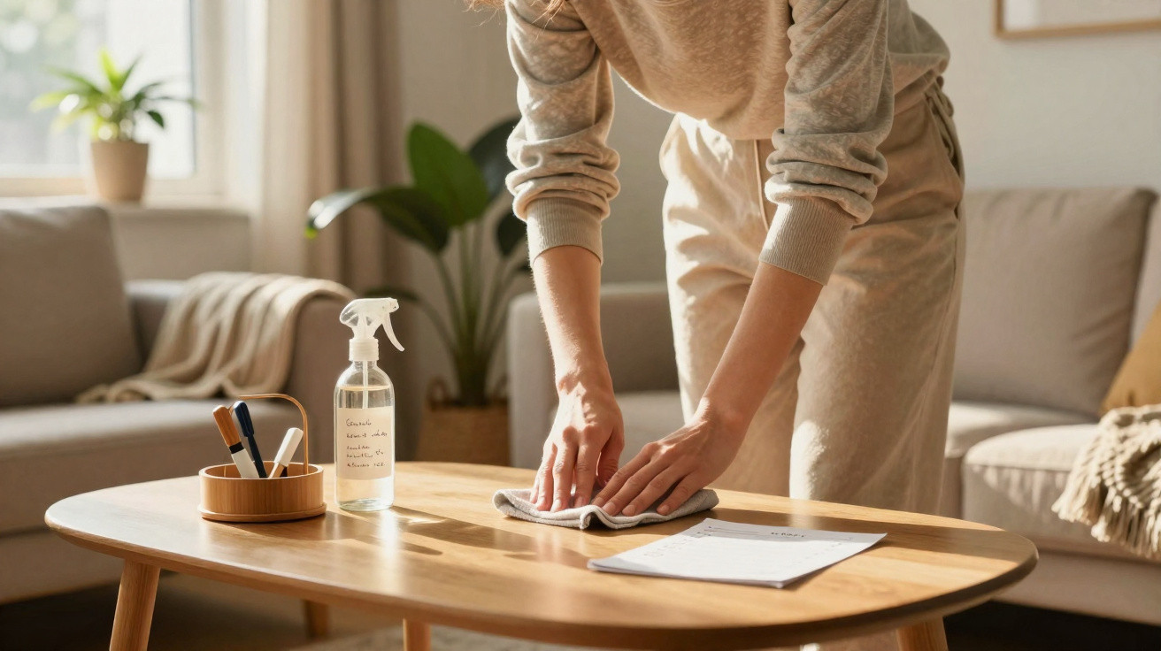 Person cleaning a wooden coffee table with a cloth in a sunlit living room.