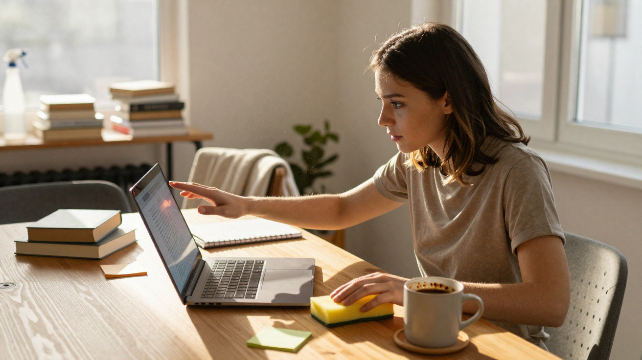 Young woman cleaning a laptop screen at a wooden table with books, a notebook, and a coffee cup nearby.