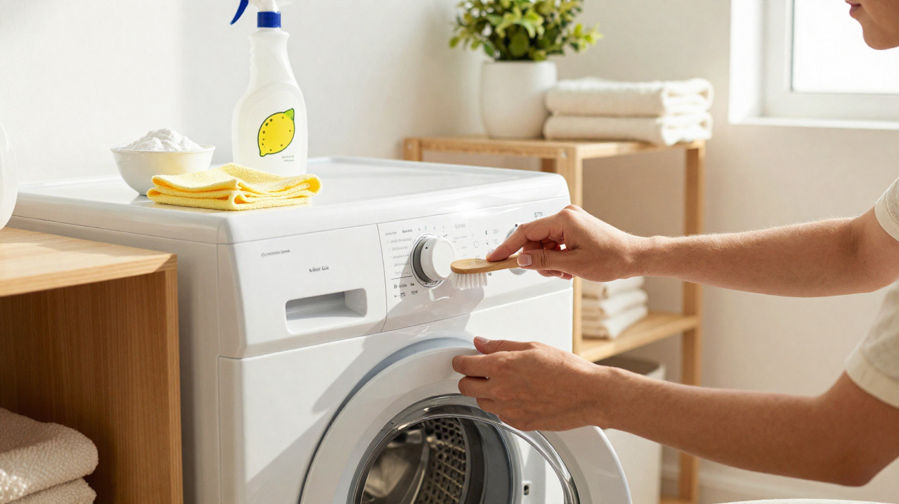 Person adjusting settings on a front-loading washing machine in a bright laundry room.