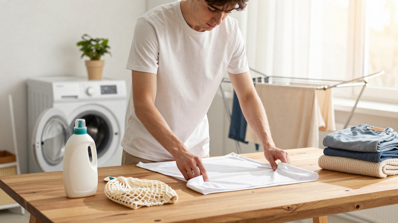 Young man folding a white shirt at a wooden table with laundry detergent and folded clothes nearby.