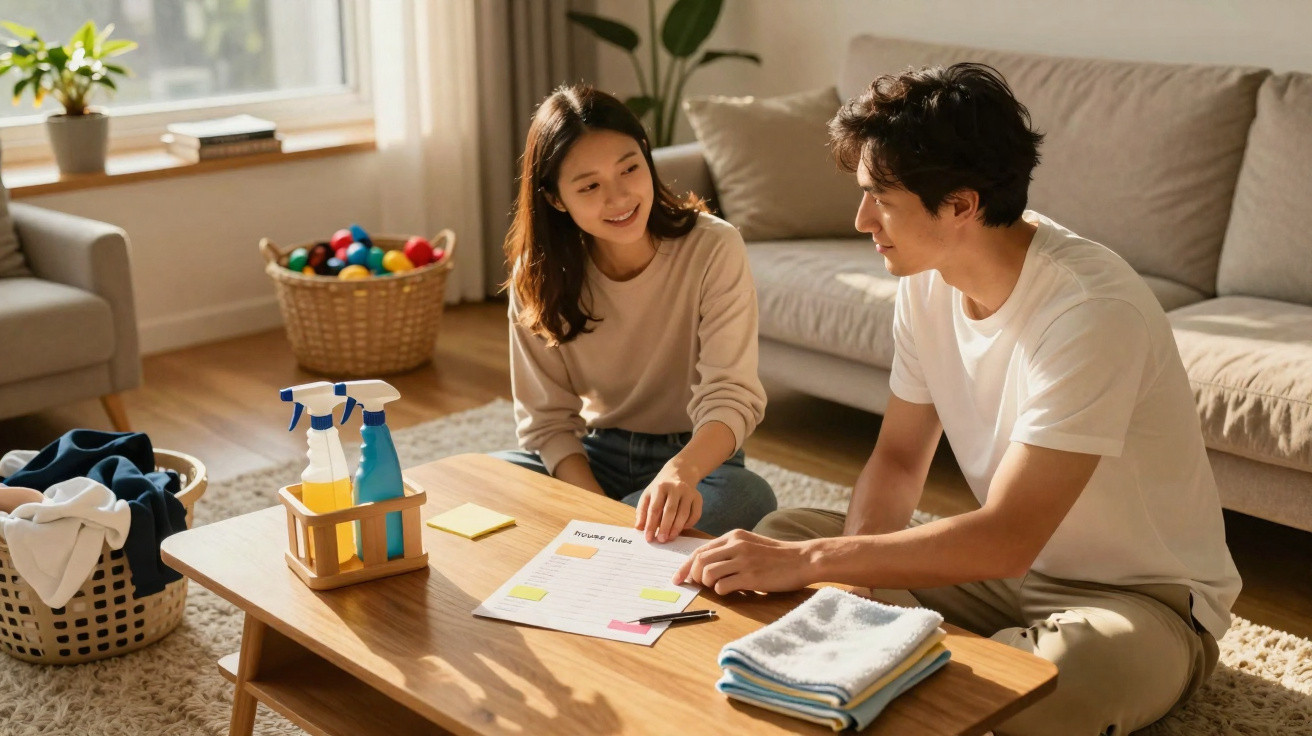 Couple sitting at a wooden table planning house cleaning with supplies and folded towels in a sunny living room.
