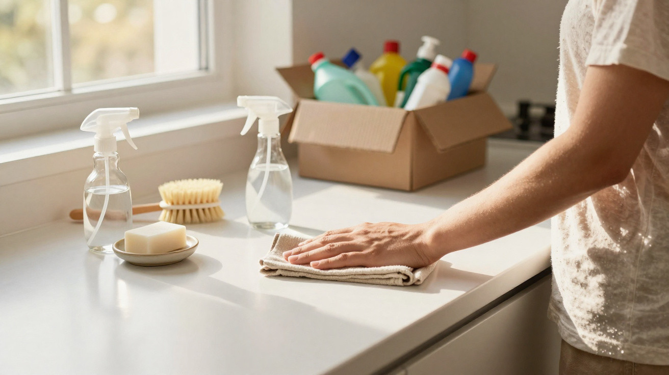Person cleaning a white countertop with a cloth next to cleaning sprays, brush, soap, and a box of cleaning supplies.
