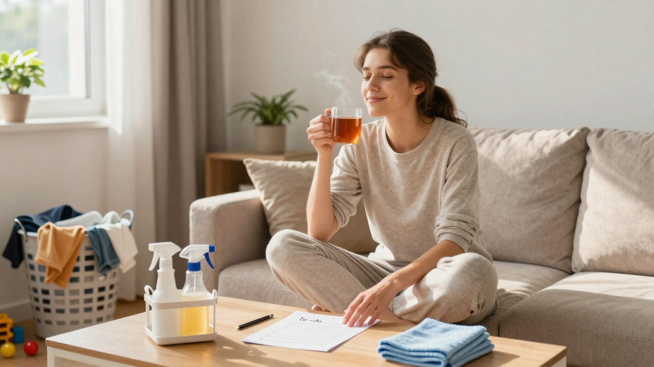Woman sitting cross-legged on sofa, holding steaming cup of tea, next to cleaning supplies and a to-do list on table.