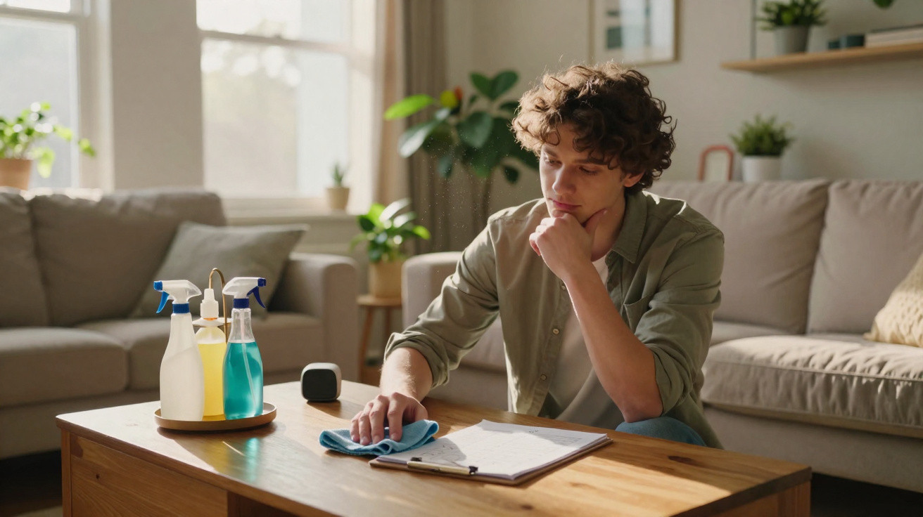 Young man sitting on sofa, thoughtfully cleaning coffee table with cloth and looking at clipboard in living room.