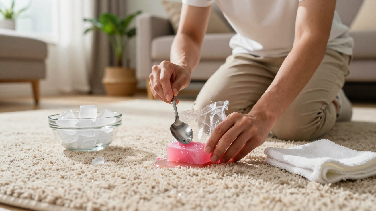Person using a spoon and ice cubes to clean a pink stain on a beige carpet indoors.
