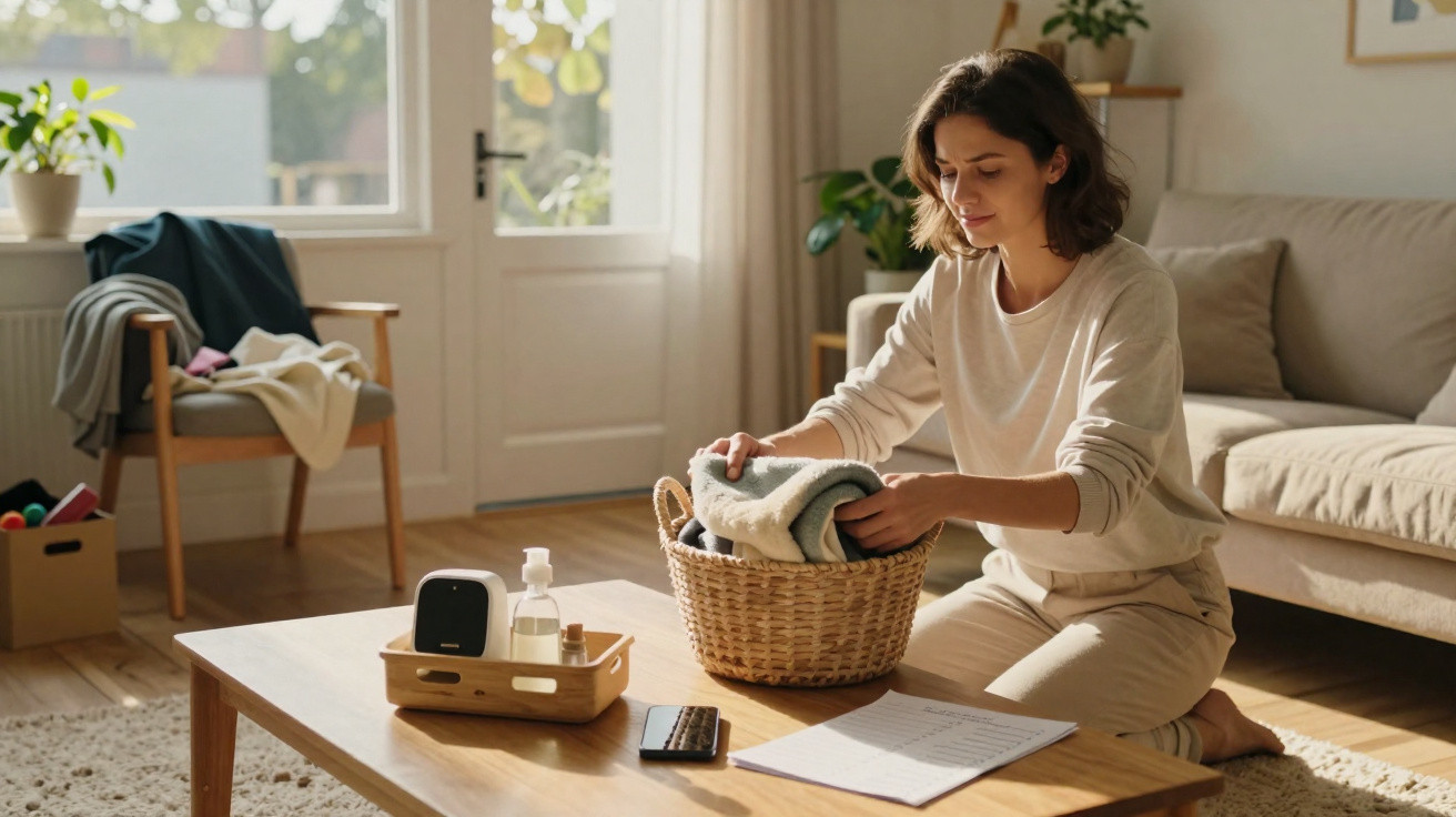 Woman folding laundry from a basket in a sunlit living room with a wooden table and sofa.