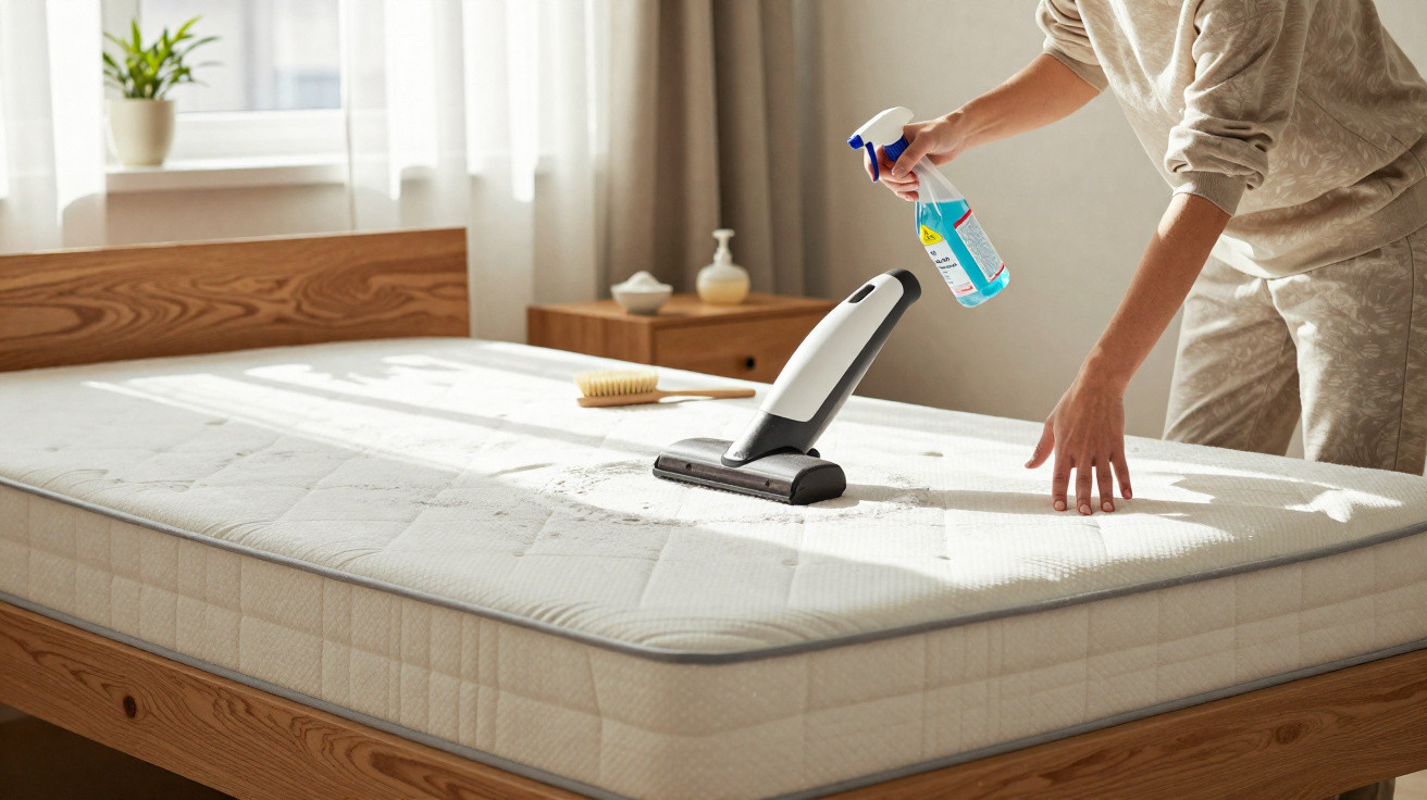 Person using a handheld vacuum and spray cleaner to clean a mattress in a sunlit bedroom.